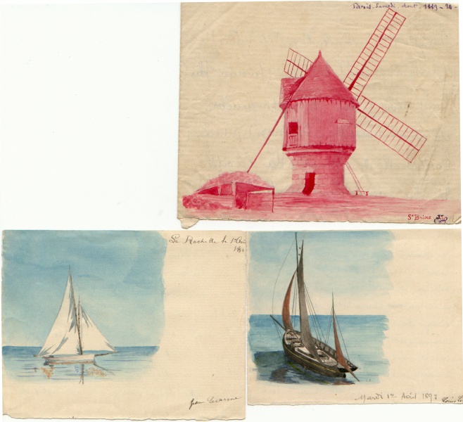 Dessins de Jean LECARME (moulin de Saint Briac et bateau) et de Louis LECARME (bateau)